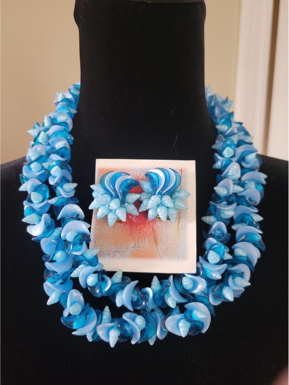 Vintage West Germany Necklace & Clip Earrings Set Blue Shell Double Strand Chunk